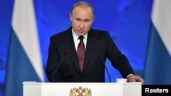 俄罗斯总统普京2019年2月20日在莫斯科向俄罗斯联邦会议发表2019年度国情咨文。