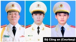 Ba công an tử vong tại Đồng Tâm gồm (từ trái sang phải) Đại tá Nguyễn Huy Thịnh, Đại uý Phạm Công Huy, Thượng uý Dương Đức Hoàng Quân.