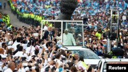 Pope Francis arrives for a holy mass at Simon Bolivar park in Bogota, Colombia, Sept. 7, 2017.