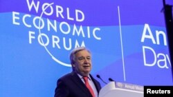 ဆွစ်ဇာလန်နိုင်ငံ၊ ဒါးဗို့စ်မြို့မှာကျင်းပတဲ့ နှစ်ပတ်လည် ကမ္ဘာ့စီးပွါးရေးဖိုရမ်တက်ရောက်မိန့်ခွန်းပြောနေတဲ့ ကုလအထွေထွေအတွင်းရေးမှူးချုပ် အန်တိုနီယို ဂူတားရက်စ်။ ((ဇန်နဝါရီ ၁၉ ဝ ၂၀၂၃)