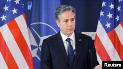 2022年5月15日,美国国务院布林肯在柏林参加北约外长非正式会议的当天参加一个新闻发布会。(路透社)