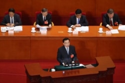 中国全国人大常委会副委员长王晨在北京人大会堂全国人大年度会议上讲话。(2020年5月22日)