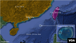 东沙岛(Pratas Islands)在南中国海的地理位置示意图(方块处)。