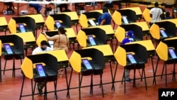 在选举日前一天,加州选民在最后一天的提前投票日,在洛杉矶湖人队前球馆投票。(2011年11月3日)