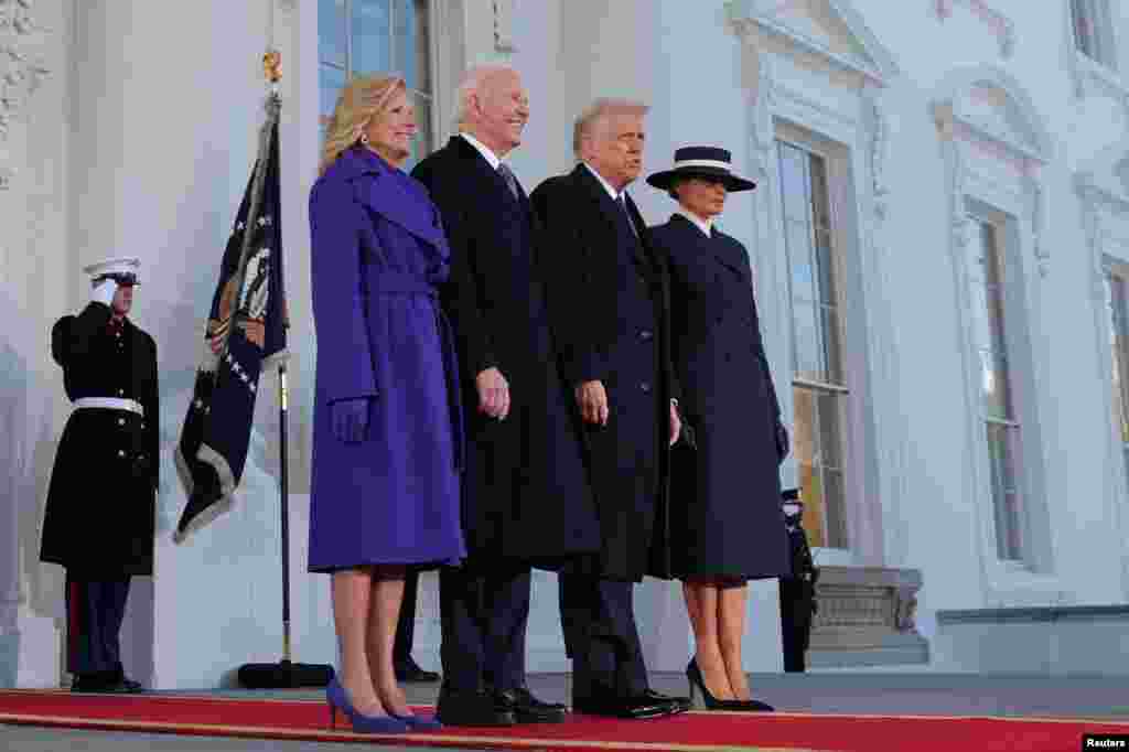 Tổng thống  Hoa Kỳ Joe Biden và Đệ nhất Phu nhân Jill Biden chào đón người kế nhiệm, Tổng thống đắc cử Donald Trump và phu phân Melania Trump tại Nhà Trắng, ngày 20/1/2025.  