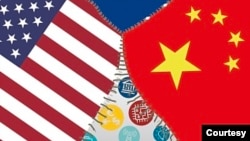 资料照:美中两国国旗之间的线被拆开的示意图。