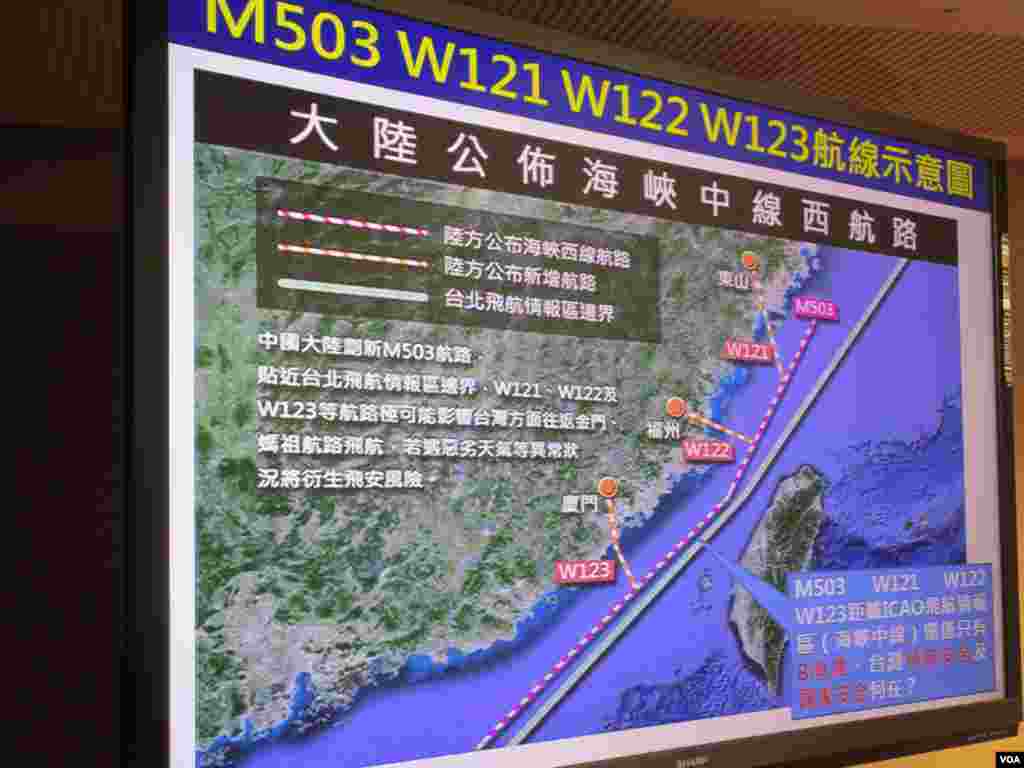 台湾立法院质询中国新航路展示的图卡(资料照)。台湾政府指责中国未经双方协商即启用M503北上营运及三条连接航线,说航线过于接近台海中线影响飞航安全,要求北京勿使用此一航线并与台北尽速协商。中国方面则称,这个航线是中国民航空域管理的常规工作。国台办发言人马晓光说,“航线运行的精度、安全性以及可靠性”都符合国际民航组织规范,“不存在因为飞行安全而需要协商的问题。”