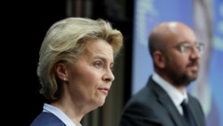 欧盟委员会主席冯德莱恩与欧洲理事会主席米歇尔在中欧视频峰会后在布鲁塞尔举行记者会。(2020年6月19日)