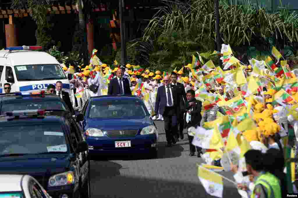 Pope Francis's convoy leaves from Yangon International Airport at Yangon, Myanmar, Nov. 27, 2017.