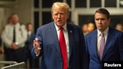 美国前总统唐纳德·特朗普(Donald Trump)2024年5月16日对媒体发表评论。 (媒体联访照片)