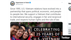 Twitter của Bộ Ngoại giao Hoa Kỳ nhân dịp kỷ niệm 25 năm quan hệ Mỹ - Việt.