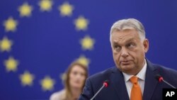 资料照:匈牙利总理兼欧盟理事会主席欧尔班·维克多 (Viktor Orban) 在法国斯特拉斯堡欧洲议会发表讲话。(2024年10月9日)