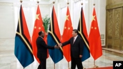 资料照:瓦努阿图总理伊什梅尔·卡尔萨考(Ishmael Kalsakau)2019年访问中国,与中国国家主席习近平握手。