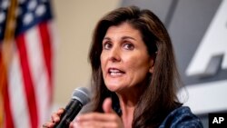 2023年6月27日,角逐共和党总统候选人提名的前美国驻联合国大使黑利(Nikki Haley)在美国企业研究所发表有关美国对华政策的演讲。(美联社)