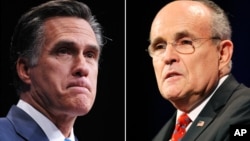 2012年共和党总统候选人、前麻萨诸塞州州长罗姆尼(左)和前纽约市长朱利安尼(右)