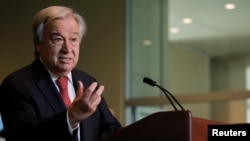 U.N. Secretary-General Antonio Guterres speaks as U.N. General Assembly appointed him for a second five-year term from January 1, 2022, in New York City, New York, U.S., June 18, 2021. REUTERS/Andrew Kelly (ယခင်မှတ်တမ်းဓါတ်ပုံ)