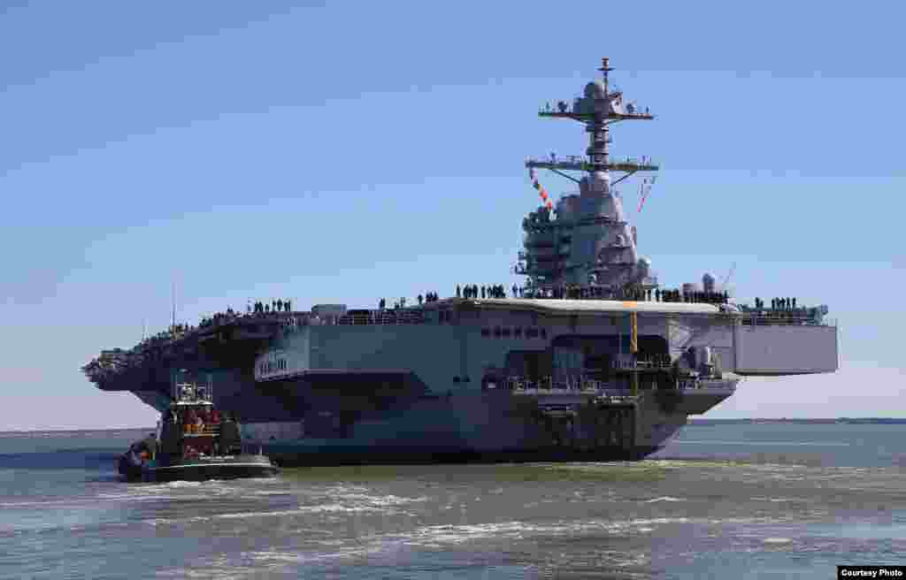 福特号航母2017年4月8日首次试航测试(美国海军照片)。这是40年来第一艘新一代超级航母,也是有史以来造价最昂贵的军舰。该舰预期寿命50年,其核动力部分将使该船运行20年而无需增加燃料。