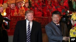 美国总统唐纳德·川普和中国主席习近平来到北京紫禁城观赏京剧。(2017年11月8日)