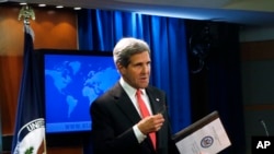 2013年9月19日美国国务卿克里在国务院对记者发表有关叙利亚化学武器袭击的报告。