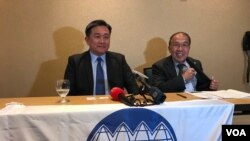 台湾民进党立委王定宇(图左)2019年9月14日在华盛顿参加台湾人公共事务会国会倡议年会前举行记者会,右边为台湾人公共事务会总会长郭正光(美国之音锺辰芳拍摄)