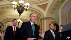 参议员麦康奈尔(前一)在华盛顿准备对媒体讲话