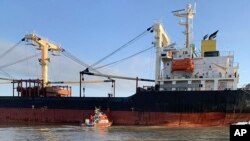 乌克兰边防局发布的照片显示一艘悬挂巴拿马旗的民用货轮,其位置在敖德萨州。(2023年12月18日)
