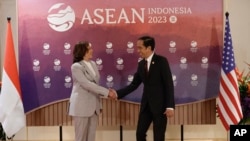 美国副总统卡马拉·哈里斯(Kamala Harris)2023年9月6日在雅加达出席东盟(ASEAN)峰会期间与印尼总统佐科·维多多(Joko Widodo)举行双边会谈。(美联社)