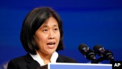 资料照片:被时为当选总统拜登提名为美国贸易代表的戴琪在特拉华州发表讲话。(2020年12月11日)