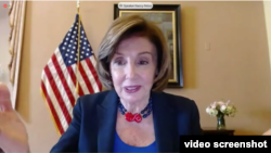 资料照片:众议院议长佩洛西通过视频连线参加一场有关中国人权与北京冬奥会问题的两党听证会。(2021年5月18日)