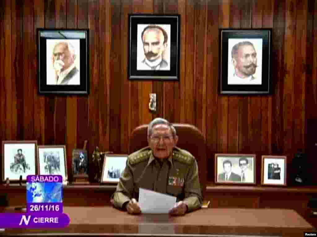 Cuba's President Raul Castro announces the death of his brother, revolutionary leader Fidel Castro, in a still image from government television in Havana, Cuba Nov. 26, 2016.