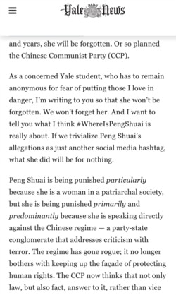 《耶鲁日报》刊载的中国留学生匿名评论文章 (截屏)