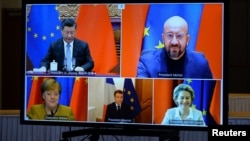 资料照片:欧盟成员国部分领导人与中国国家主席习近平举行视讯会议(2020年12月30日)