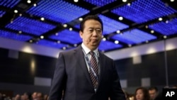 中国公安部副部长出身的国际刑警组织主席孟宏伟走上国际刑警组织世界大会的讲台,准备讲话(2017年7月4日)