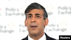 英国首相里希·苏纳克2024年5月13日在一场选前演讲中警告威权国家轴心带来的威胁。(路透社照片)