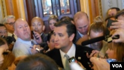 2013年9月25日,克鲁兹参议员马拉松发言后被媒体包围。(美国之音 杨晨拍摄)