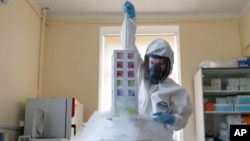 Một công nhân đang làm việc với vaccine ở Viện Quốc gia Nikolai Gamaleya về Dịch tễ và Vi trùng học ở thủ đô Moscow, Nga