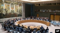 ဆီးရီးယားကို အမေရိကန်နဲ့ မဟာမိတ်နှစ်နိုင်ငံက လေကြောင်းတိုက်ခိုက်မှုအပေါ် ကုလသမဂ္ဂ လုံခြုံရေးကောင်စီက အရေးပေါ်အစည်းအဝေး ခေါ်ယူနေစဉ်။ (ဧပြီ ၁၄၊ ၂၀၁၈)