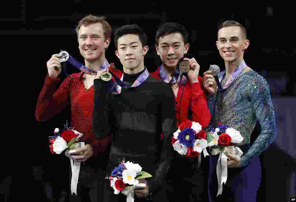 奥运会美国花样滑冰参赛选手(左起) Ross Miner , 18岁的华裔美国人陈巍,17岁的华裔美国人周知方,Adam Rippon。