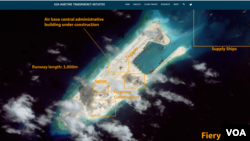 卫星图片显示争议岛屿上飞机跑道建设接近完成(图片来源:CSIS网页截屏)US South China Sea
