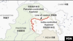 印度,巴基斯坦及有争议的克什米尔地理位置示意图