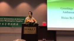 台湾驻美代表萧美琴2021年11月13日在华府台湾同乡会发表感恩节讲话(美国之音锺辰芳拍摄)