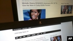 这张于2016年12月2日在巴黎拍摄的照片,显示了来自“美国每日新闻24”的文章,这是一个在马其顿韦莱斯注册的虚假新闻网站。