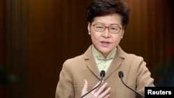 香港行政长官林郑月娥2020年1月7日在记者会上讲话。