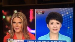 福克斯商业频道主持人翠西·里根2019年5月30日与中国环球电视网(CGTN)主播刘欣对话(美国之音许宁拍摄电视画面)