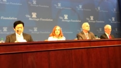 美国智库传统基金会2020年1月13日举行“评估台湾选举结果”座谈会,左起全球台湾研究中心萧良其、战略与国际研究中心葛莱仪、2049项目研究所石明凯、乔治华盛顿大学沙特 (美国之音锺辰芳拍摄)