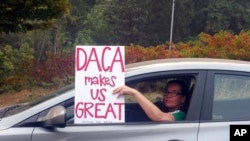 俄勒冈州波特兰市一位女子在车里那种标语,上写“DACA让美国伟大” (2017年9月5日)