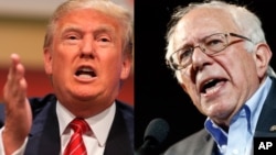 美国共和党总统参选人川普(左)和民主党总统参选人,来自佛蒙特州的桑德斯参议员