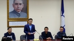 新当选的国民党党主席江启臣在记者会讲话。(2020年3月7日)