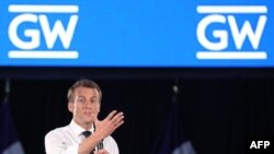 马克龙2018年4月25日在乔治·华盛顿大学发表演讲(法新社)