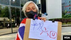 香港社运人士王婆婆11月1日在区域法院外手持标语,声援六四未经批准集结案的8名被告,包括前支联会主席李卓人、副主席邹幸彤及壹传媒创办人黎智英等 (美国之音/汤惠芸)